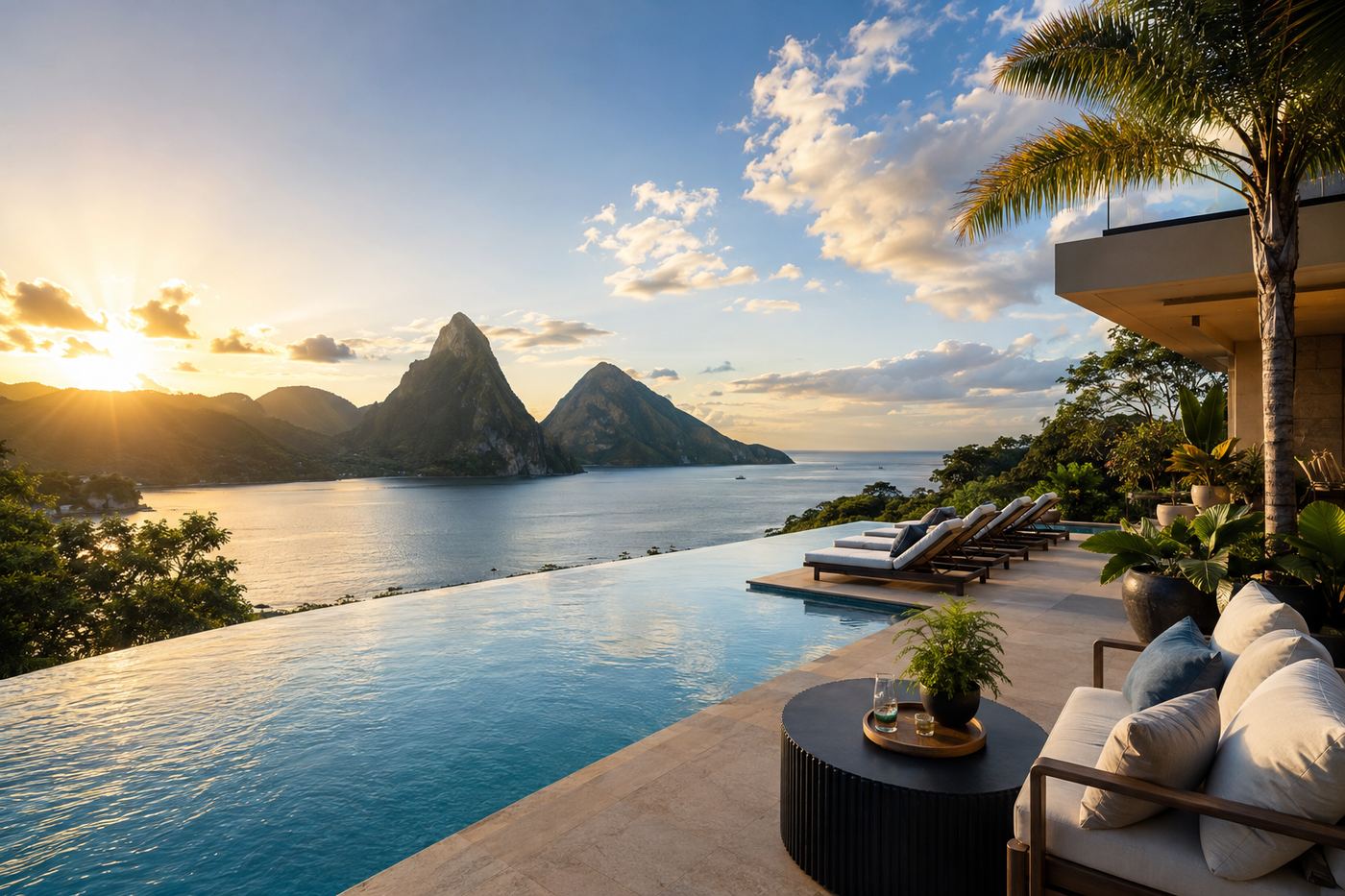 Private villa terrace overlooking a Caribbean bay at sunset